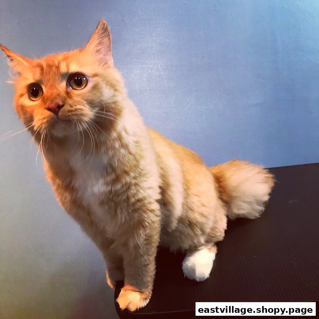 An adorable orange cat with bright eyes sits on a dark surface against a blue background.