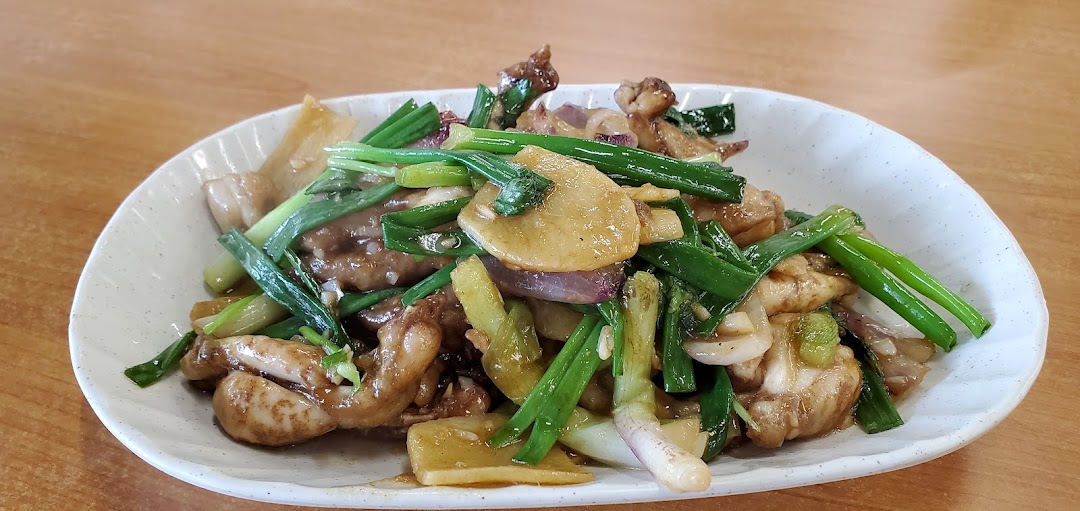 A close-up of a delicious stir-fried dish with chicken, spring onions, and other vegetables.