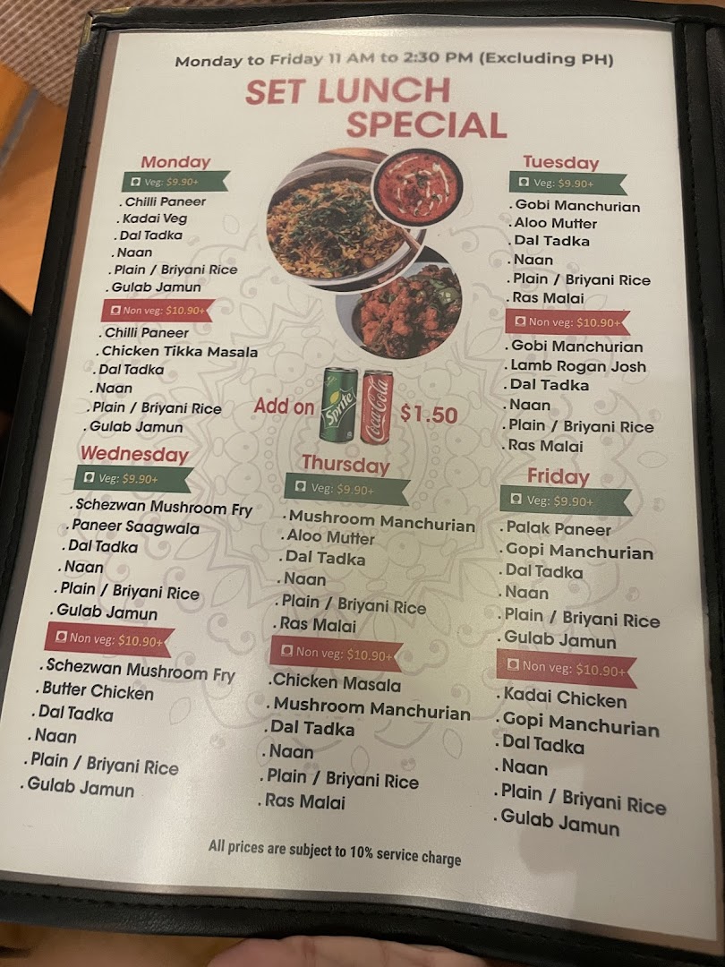 A detailed menu displaying daily set lunch specials with vegetarian and non-vegetarian options.