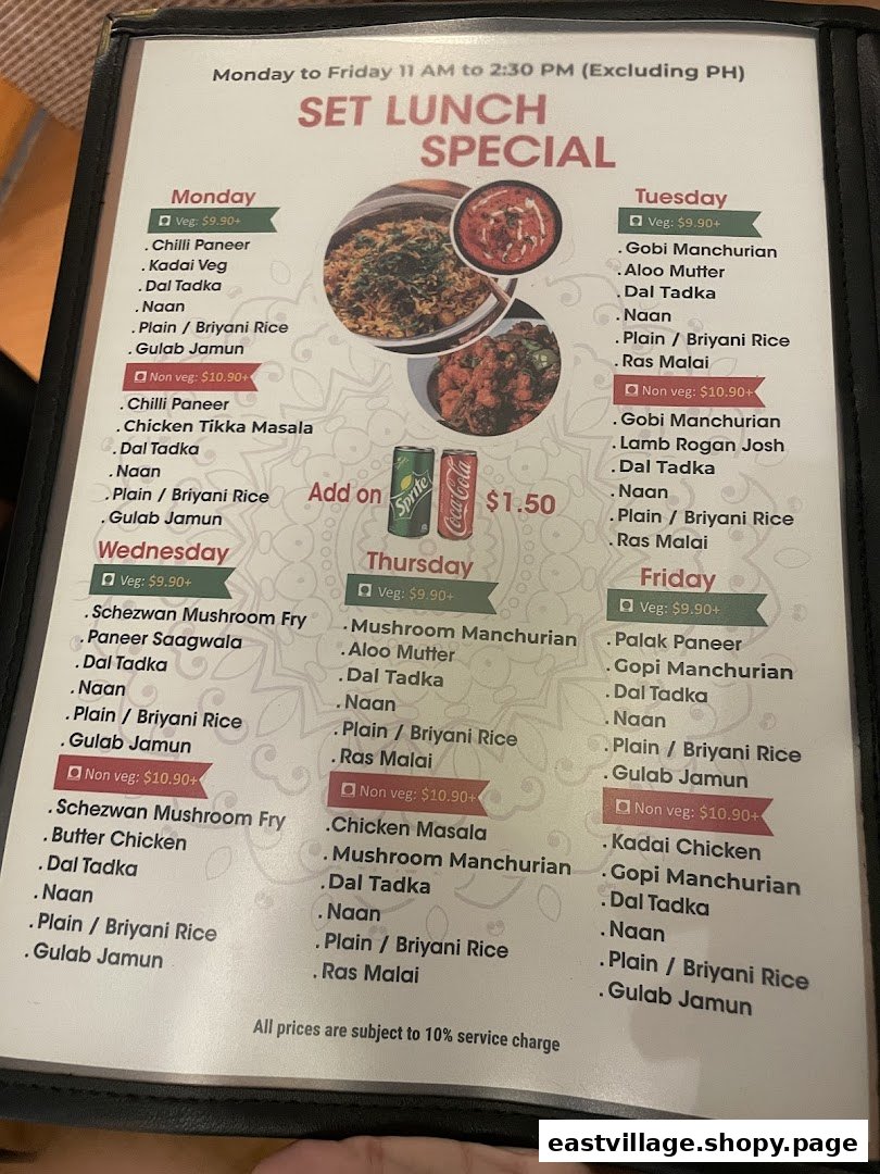 A detailed menu displaying daily set lunch specials with vegetarian and non-vegetarian options.