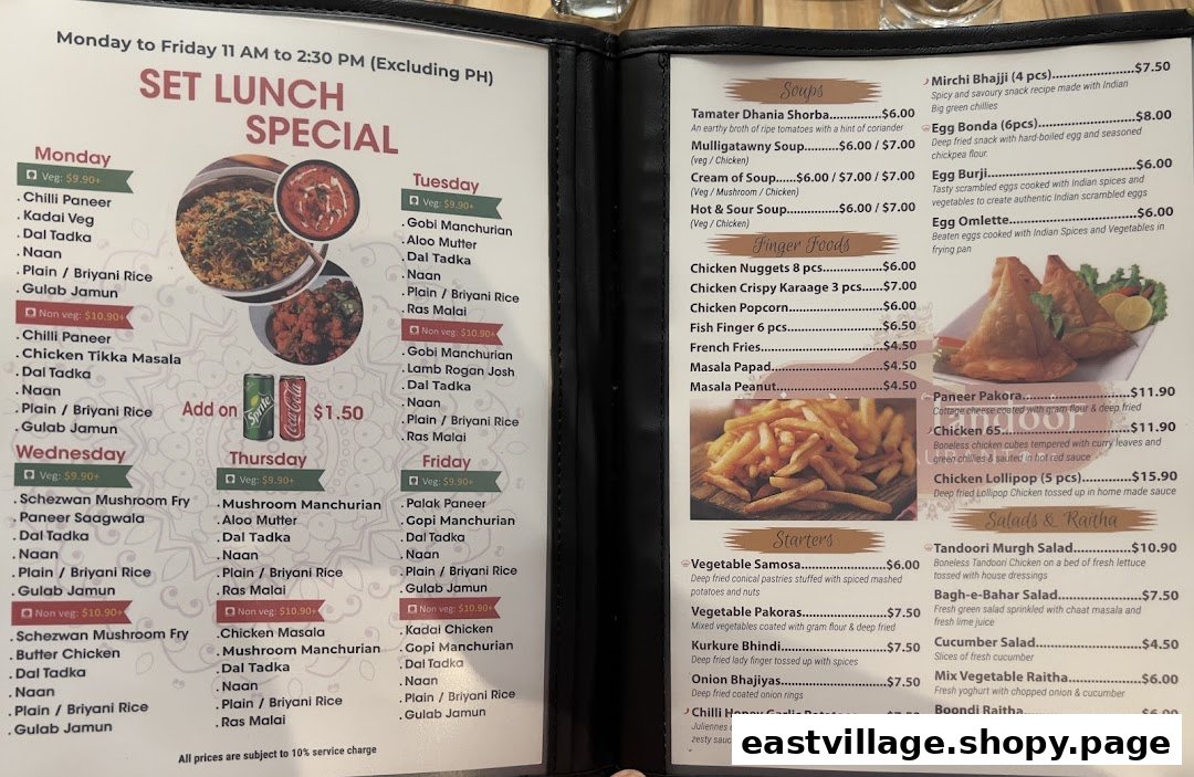 A comprehensive menu displaying daily set lunch specials, soups, appetizers, and salads with prices.