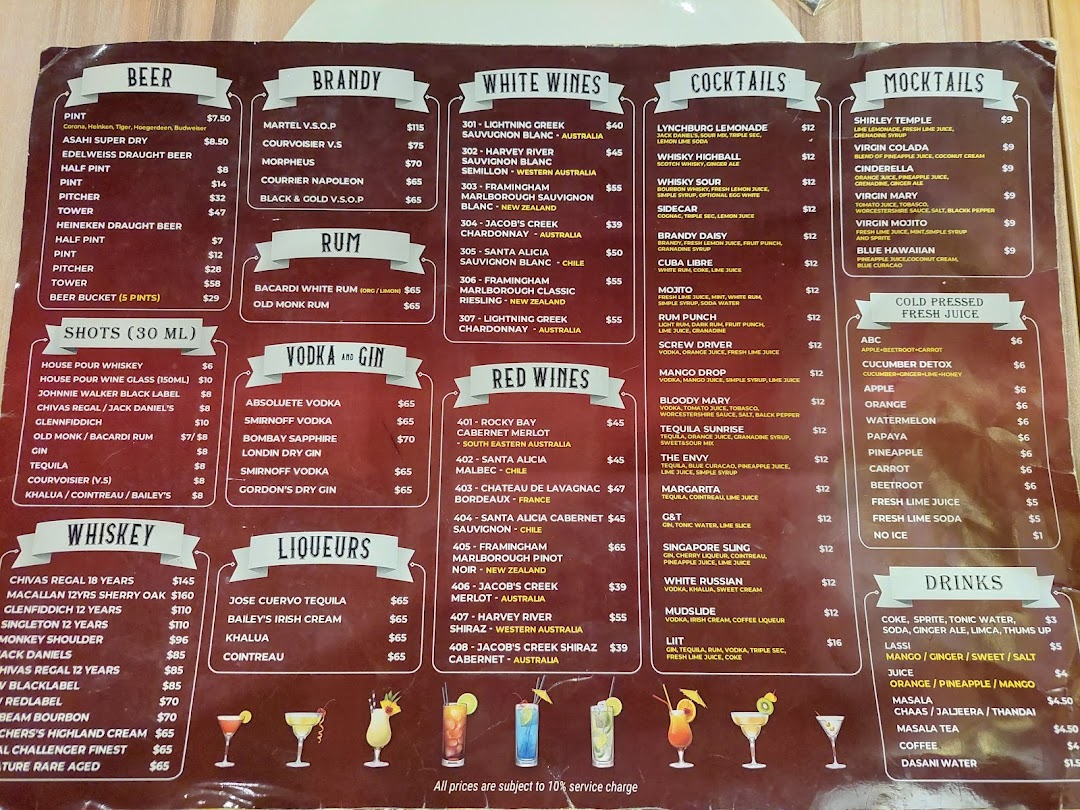 A comprehensive menu displaying a wide variety of alcoholic and non-alcoholic beverages, including cocktails, wines, and fresh juices.