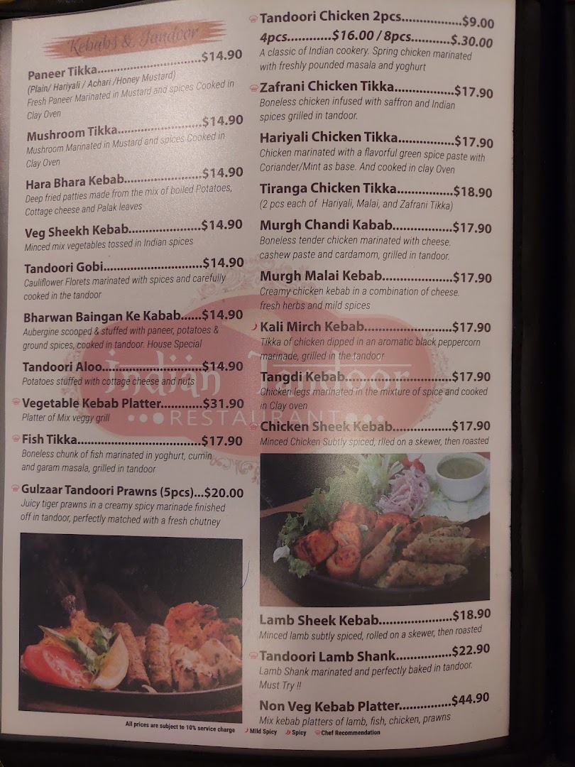 A detailed menu showcasing a variety of Indian kebabs and tandoor dishes with prices and descriptions.