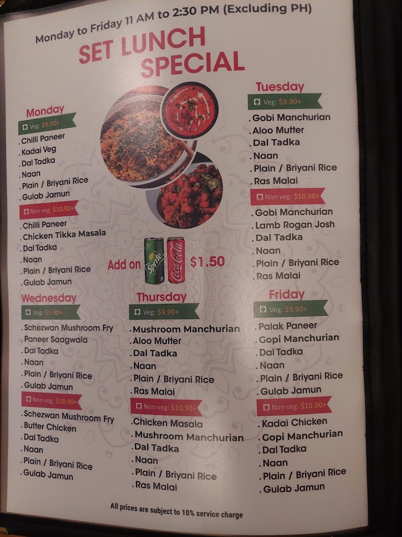 A detailed menu displaying daily set lunch specials with vegetarian and non-vegetarian options.