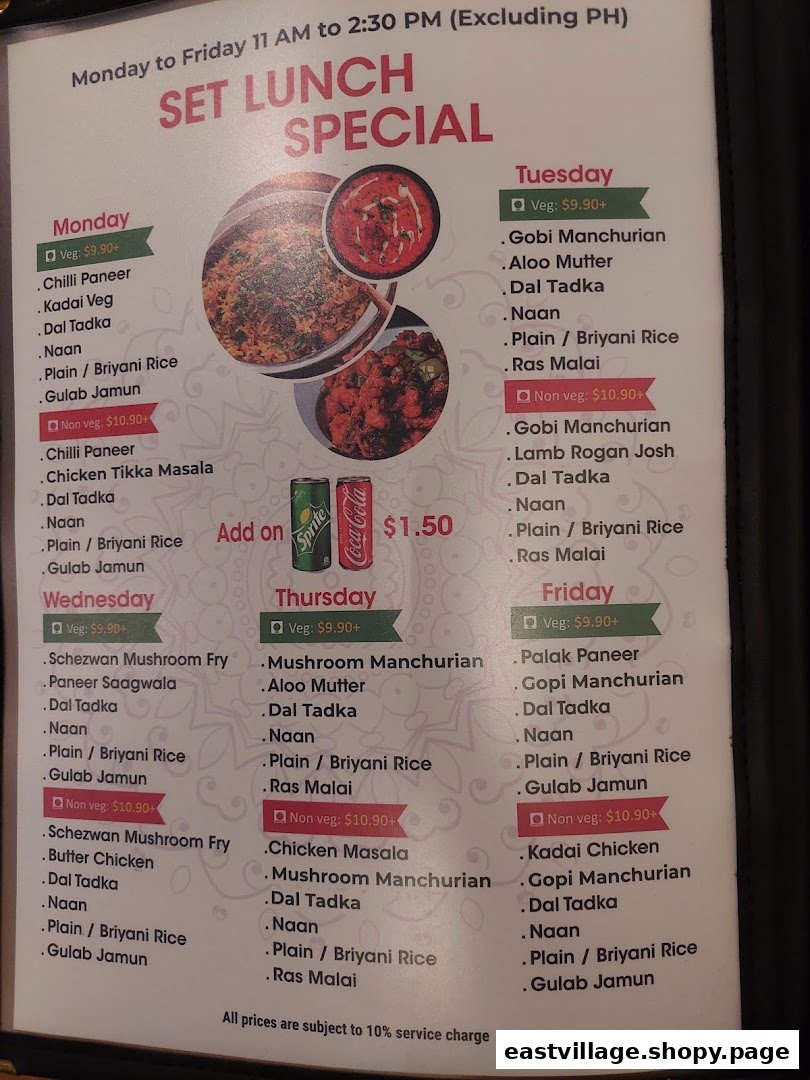 A detailed menu displaying daily set lunch specials with vegetarian and non-vegetarian options.
