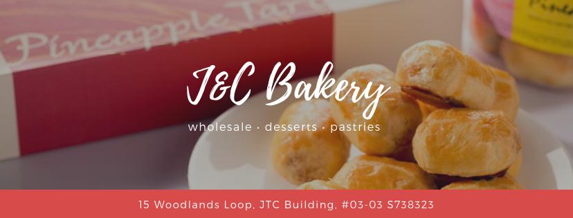 A close-up of golden pastries on a white plate with a red 'Pineapple Tart' box and the J&C Bakery logo.