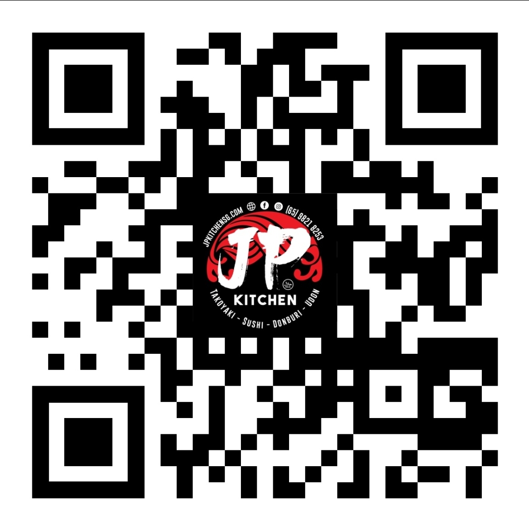 A QR code featuring the JP Kitchen logo, contact details, and popular Japanese food offerings.
