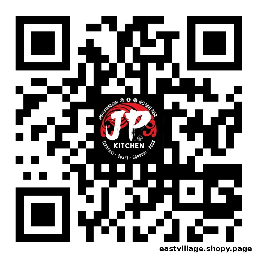 A QR code featuring the JP Kitchen logo, contact details, and popular Japanese food offerings.