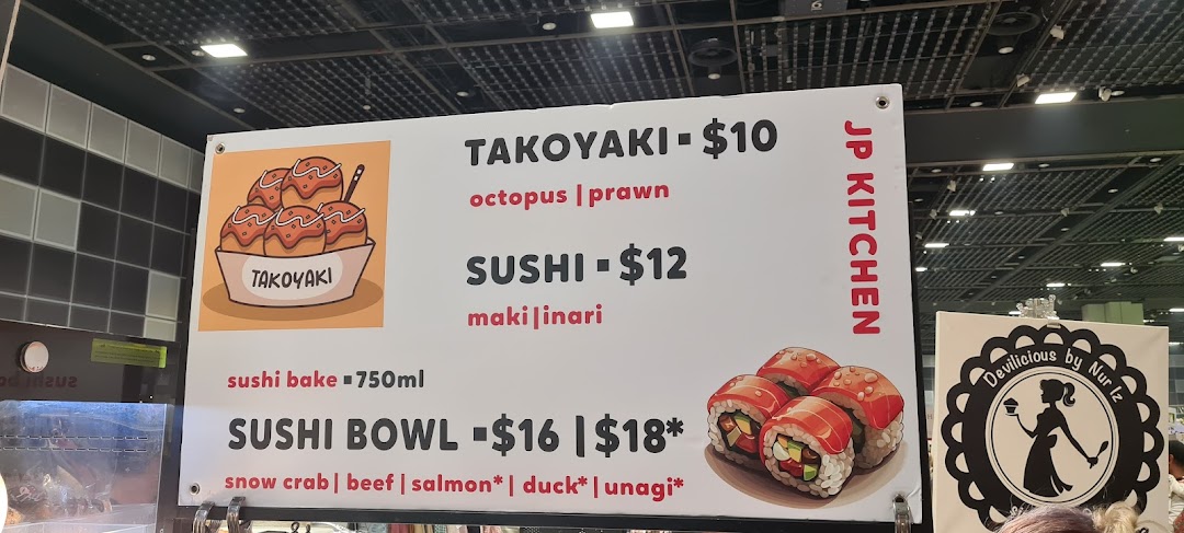 A vibrant menu board for JP KITCHEN, showcasing Japanese dishes like Takoyaki, Sushi, and Sushi Bowls.