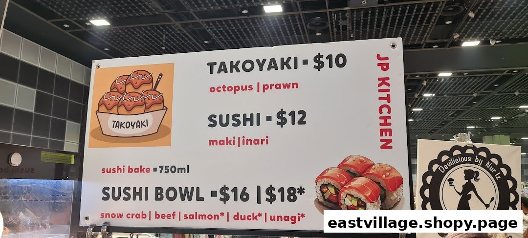 A vibrant menu board for JP KITCHEN, showcasing Japanese dishes like Takoyaki, Sushi, and Sushi Bowls.