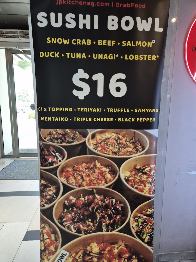 A promotional banner for JP Kitchen's sushi bowls, displaying options and pricing.