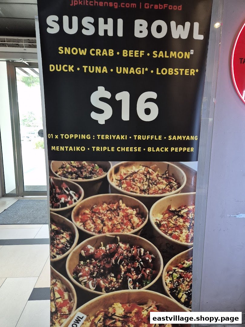 A promotional banner for JP Kitchen's sushi bowls, displaying options and pricing.