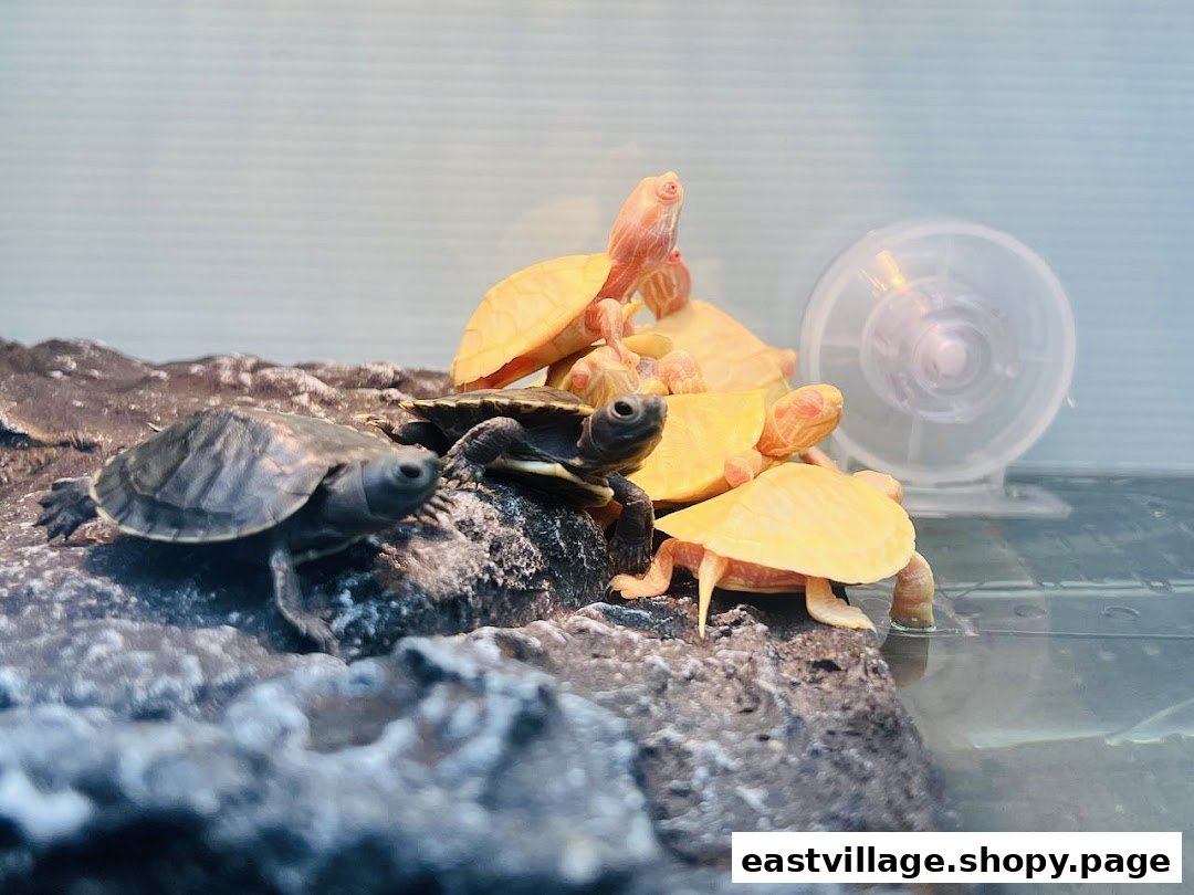 A group of small turtles, including albino ones, in an aquatic enclosure.