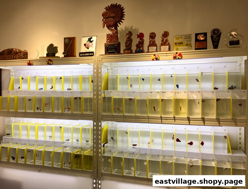 Rows of vibrant betta fish displayed in individual tanks, with various awards on a shelf above.