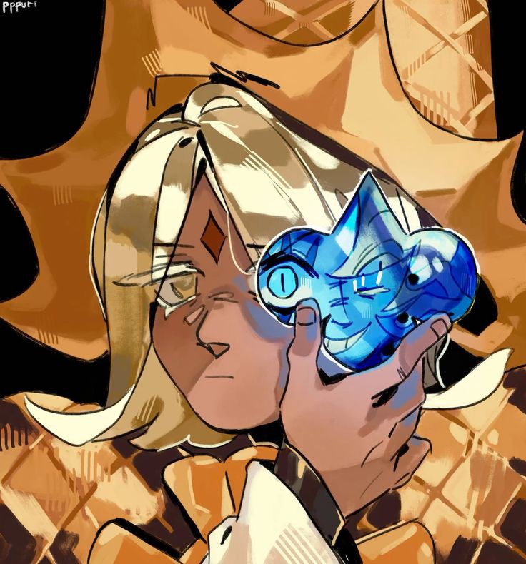 An illustrated character with blonde hair and a diamond on their forehead holds a glowing blue object.