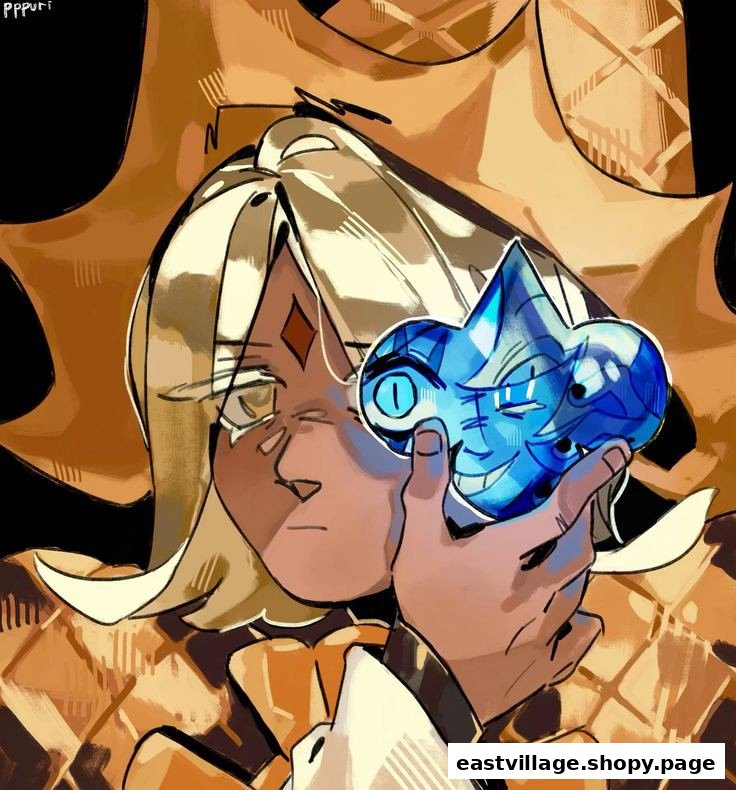 An illustrated character with blonde hair and a diamond on their forehead holds a glowing blue object.