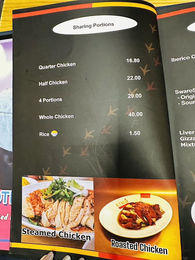 A menu page displaying chicken rice sharing portions and signature chicken dishes.