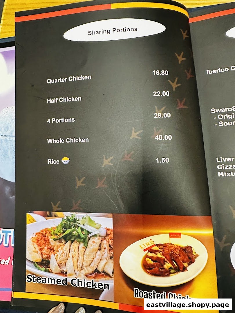 A menu page displaying chicken rice sharing portions and signature chicken dishes.