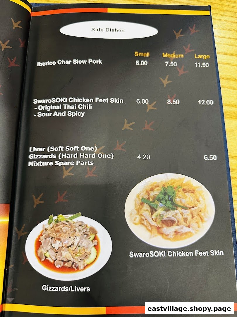 A close-up of the 'Side Dishes' section of KTMW Katong Mei Wei's menu, featuring various chicken and pork options.