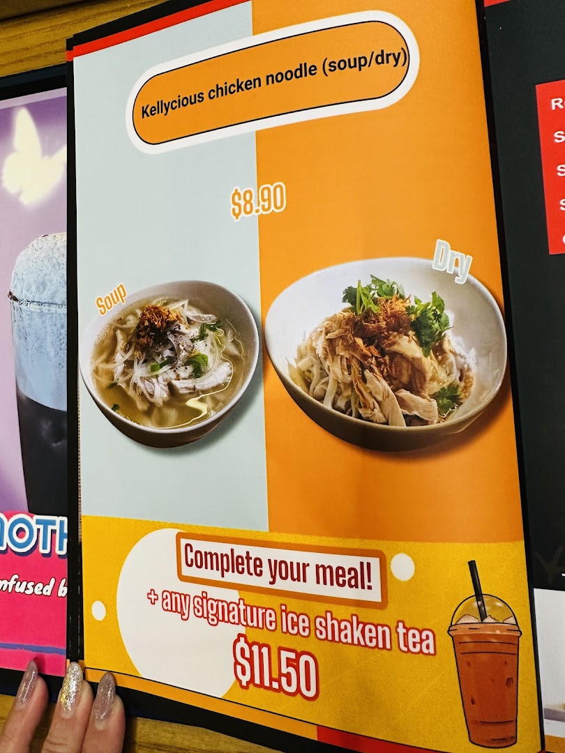 A menu page featuring Kellycious chicken noodle (soup/dry) and a meal bundle offer.