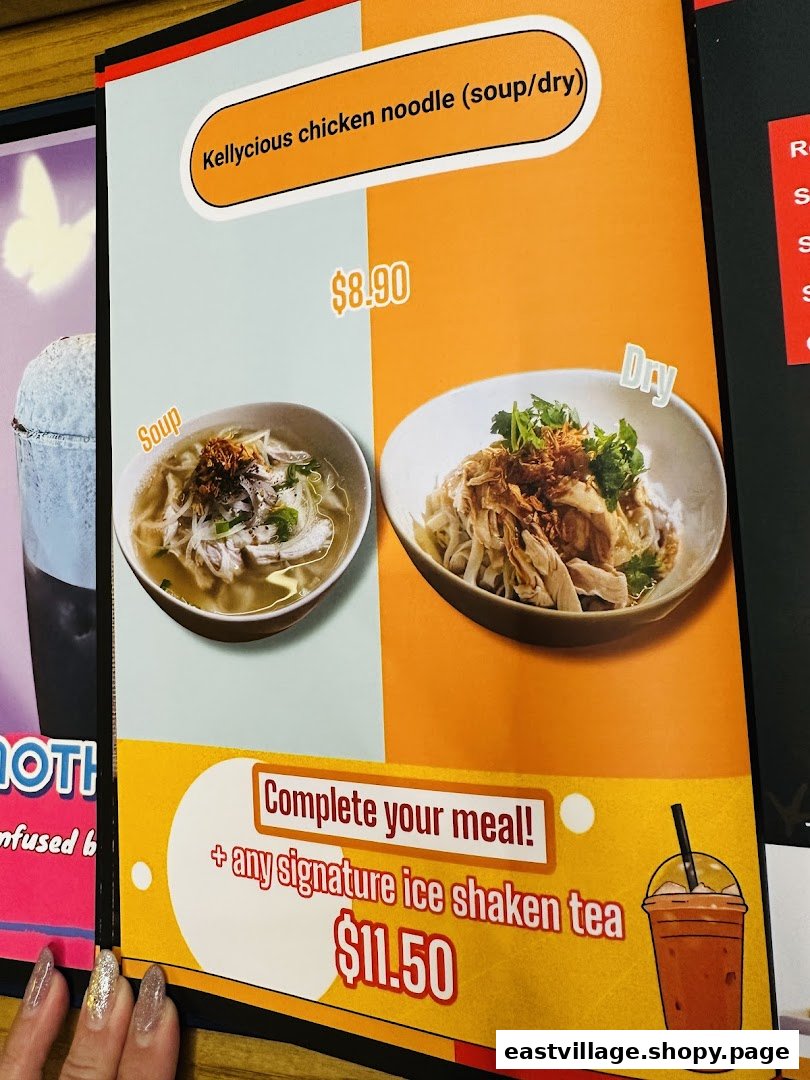 A menu page featuring Kellycious chicken noodle (soup/dry) and a meal bundle offer.