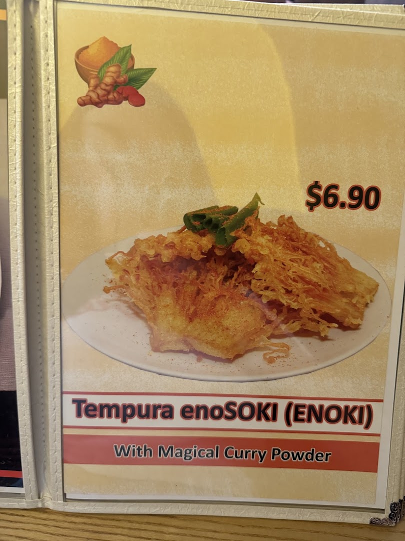 A menu page featuring Tempura Enoki with Magical Curry Powder, priced at $6.90.