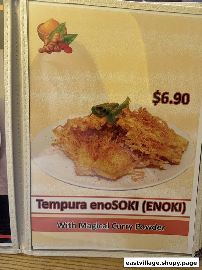 A menu page featuring Tempura Enoki with Magical Curry Powder, priced at $6.90.