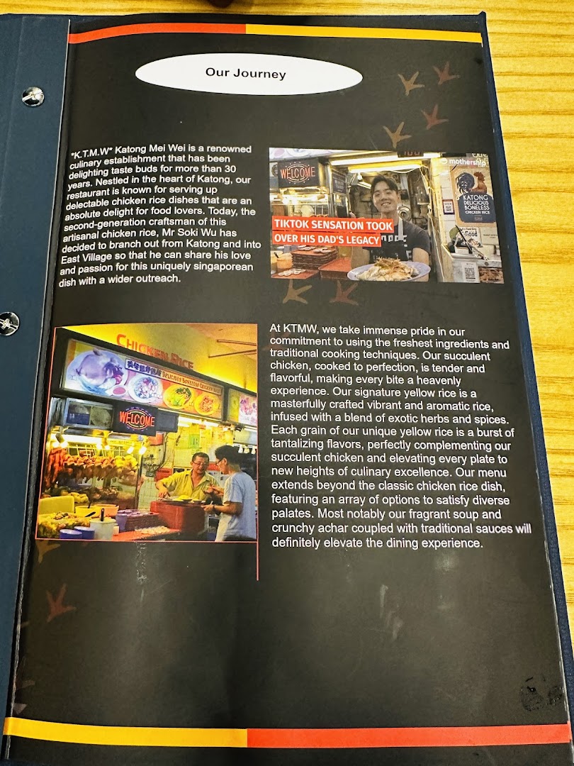 A page detailing the history, philosophy, and culinary excellence of KTMW Katong Mei Wei chicken rice tea-cafe.