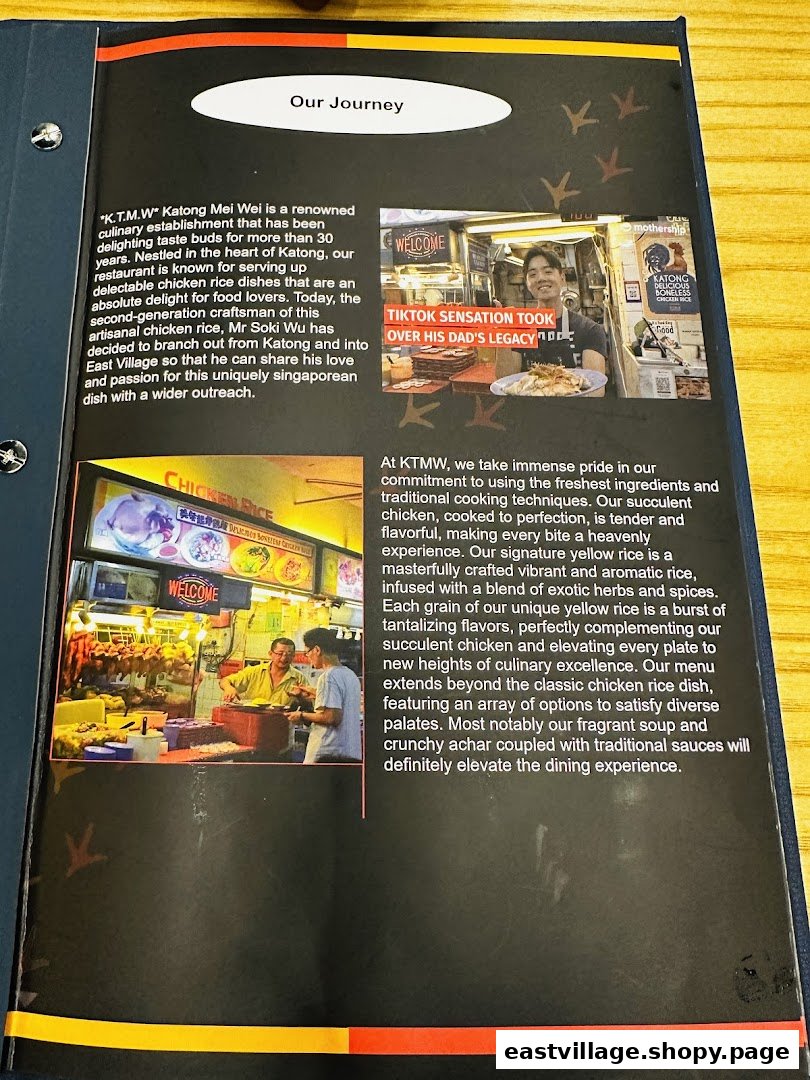 A page detailing the history, philosophy, and culinary excellence of KTMW Katong Mei Wei chicken rice tea-cafe.