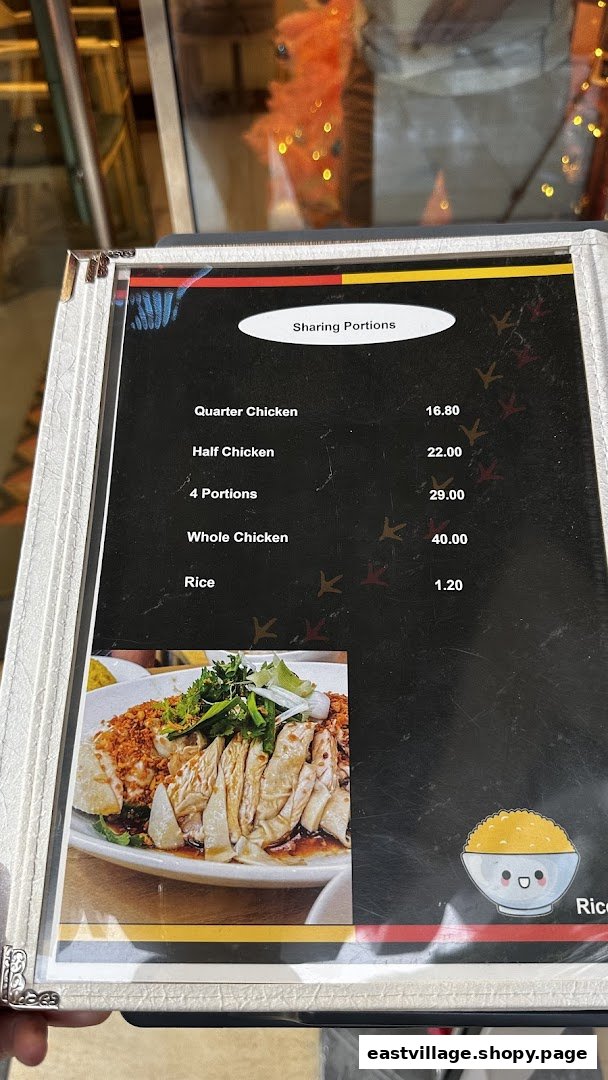 A menu displaying sharing portions of chicken and rice with prices from KTMW Katong Mei Wei.