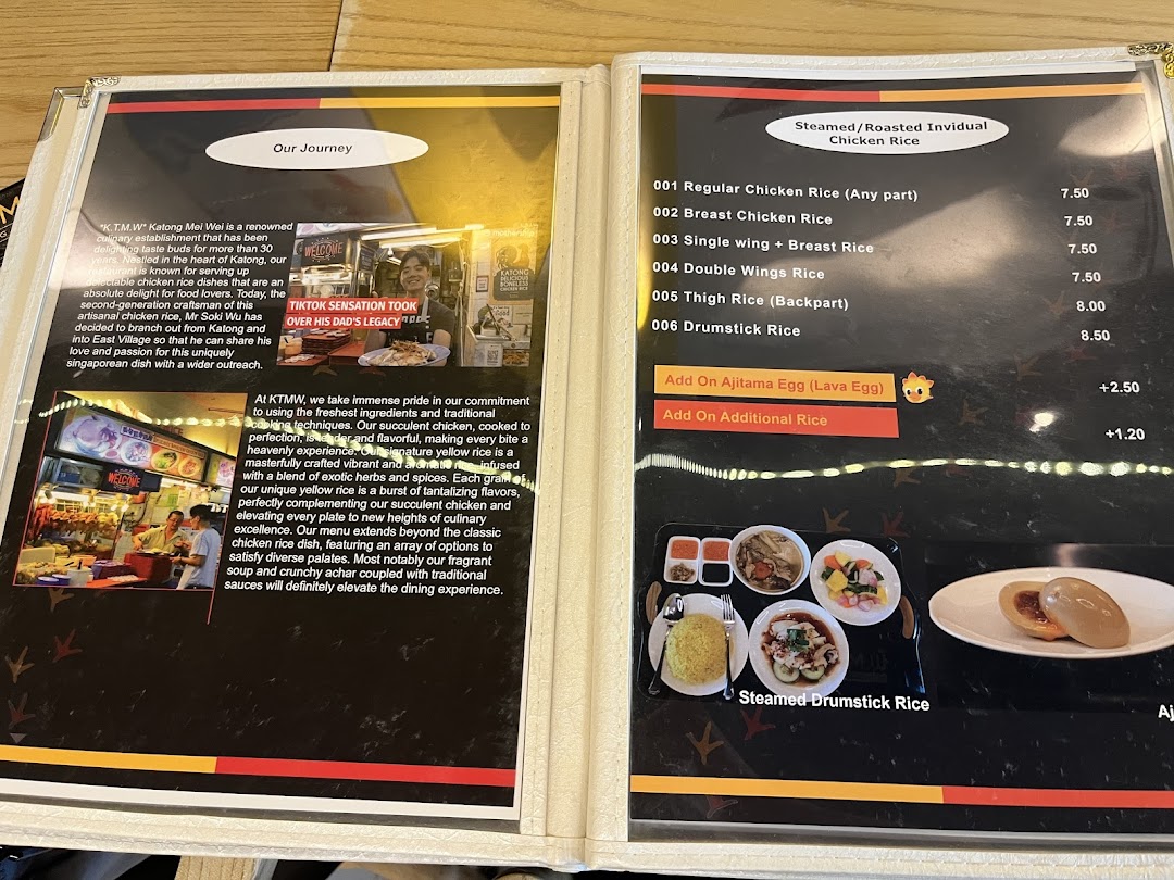 A menu page from KTMW Katong Mei Wei, featuring chicken rice options, prices, and a description of the restaurant's heritage.