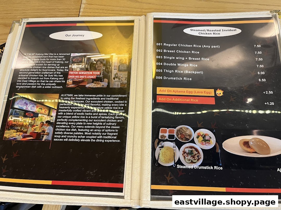 A menu page from KTMW Katong Mei Wei, featuring chicken rice options, prices, and a description of the restaurant's heritage.