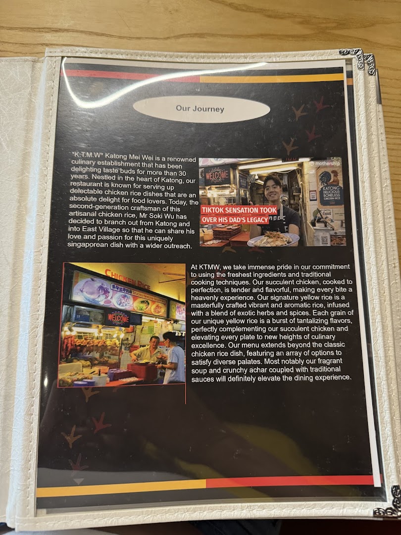 A menu page detailing KTMW's 30-year legacy, commitment to quality chicken rice, and expansion.