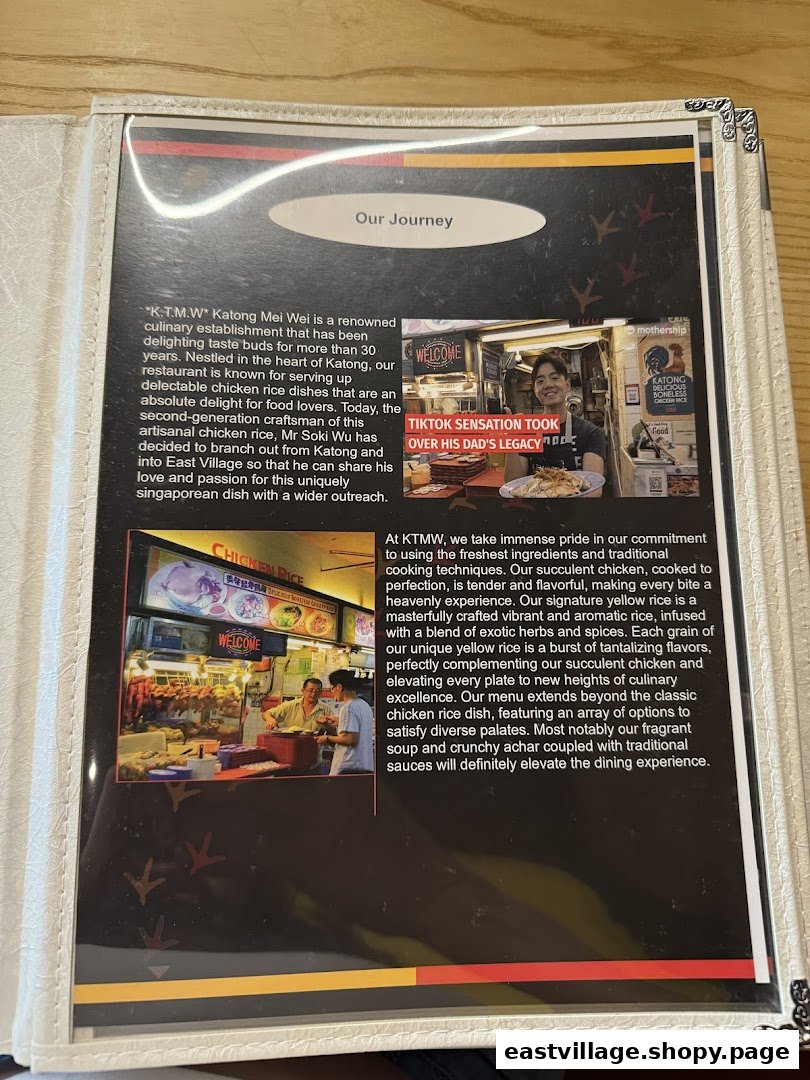 A menu page detailing KTMW's 30-year legacy, commitment to quality chicken rice, and expansion.