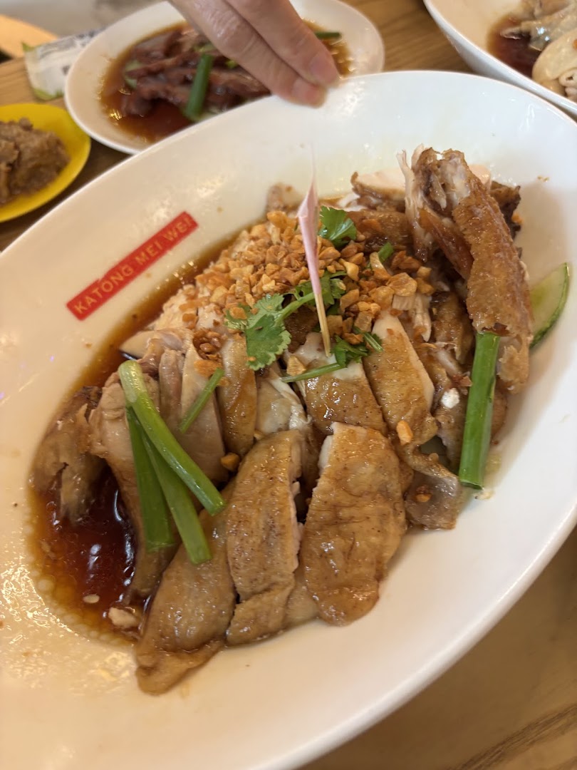 A close-up of a delicious plate of sliced chicken with sauce, garnished with fried garlic and spring onions.