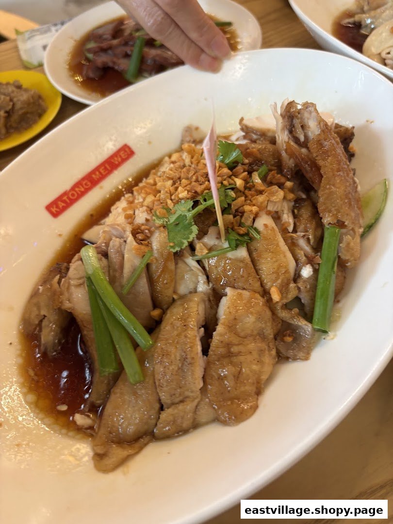 A close-up of a delicious plate of sliced chicken with sauce, garnished with fried garlic and spring onions.