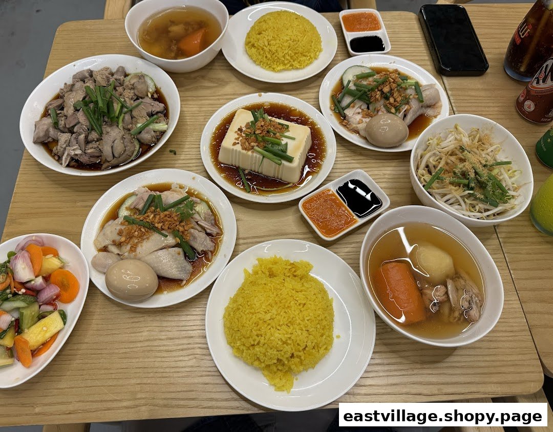 A vibrant spread of chicken rice dishes, sides, and soups on a wooden table.