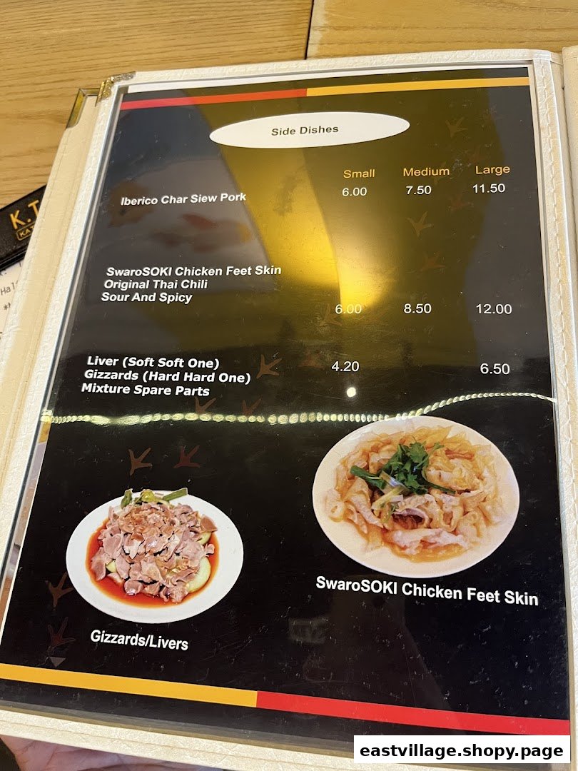 Menu page displaying side dishes like Iberico Char Siew Pork, Chicken Feet Skin, and Gizzards/Livers with prices.
