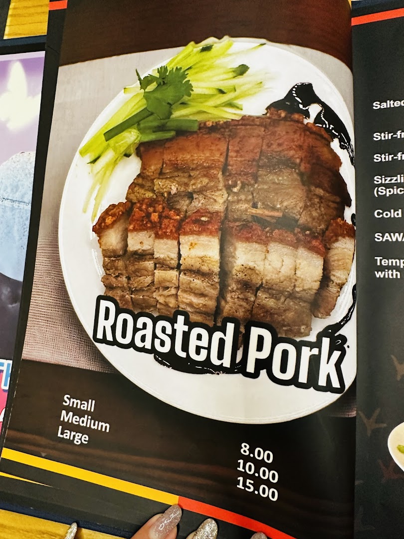 A menu page displaying crispy roasted pork with various size options and prices.