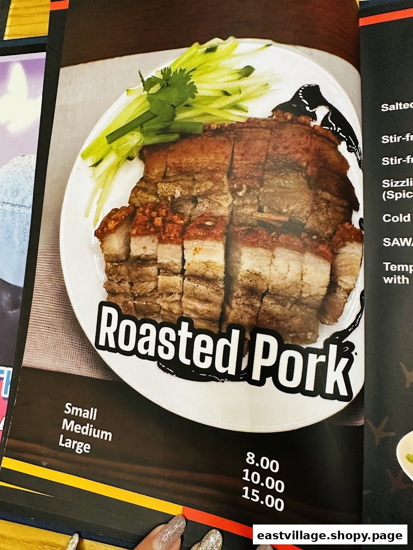 A menu page displaying crispy roasted pork with various size options and prices.