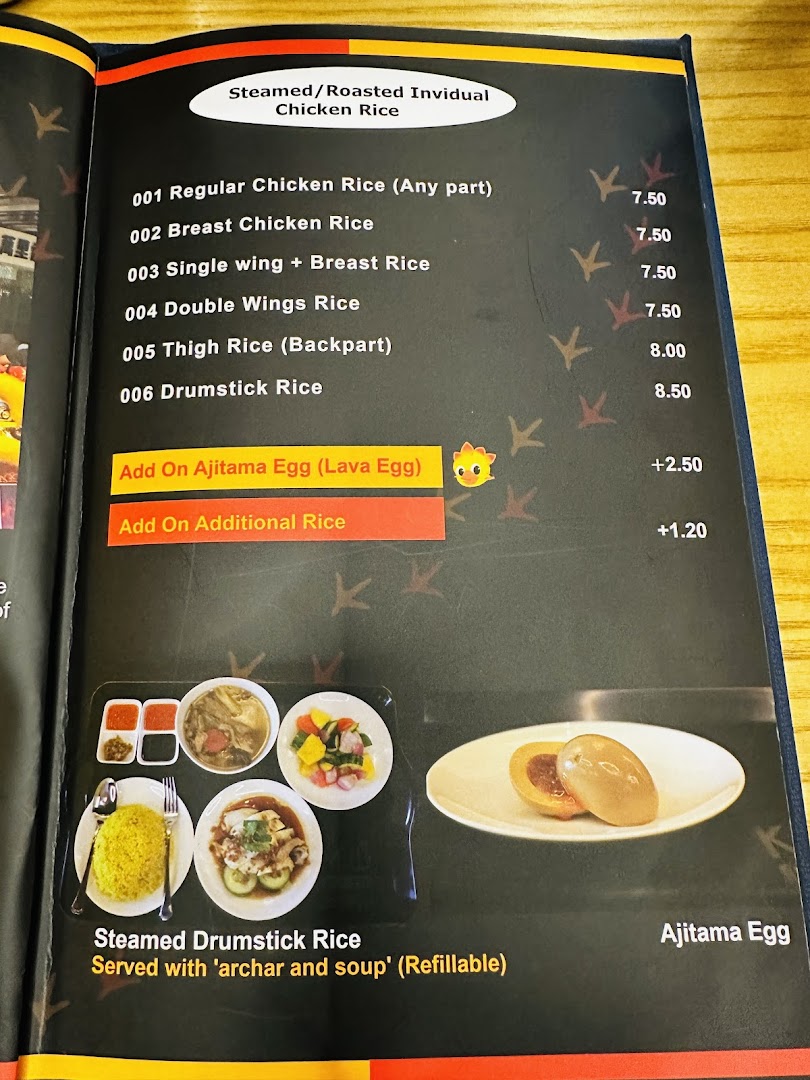 A menu page from KTMW KATONG MEI WEI, showcasing chicken rice dishes and add-ons.
