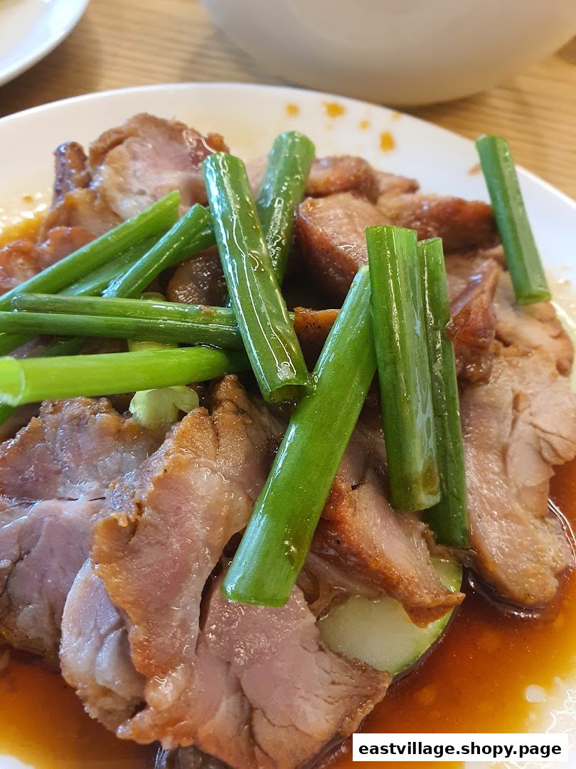 Close-up of succulent sliced meat with green onions and savory sauce on a white plate.