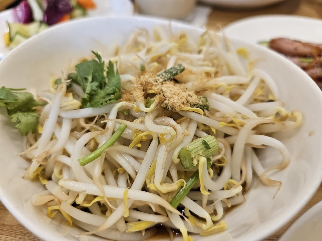 A close-up of blanched bean sprouts topped with herbs and seasoning in a white bowl.