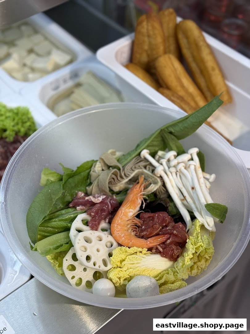 A vibrant bowl of fresh ingredients for a customizable hot pot or malatang meal.