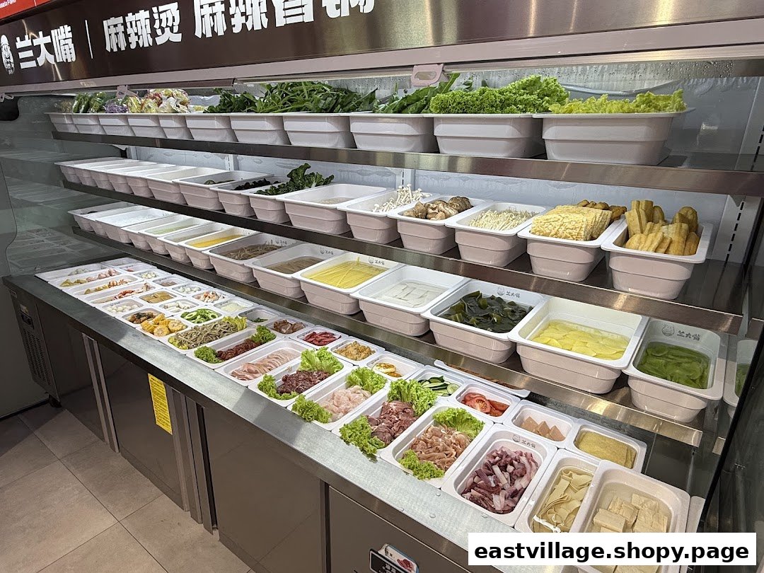 A vibrant display of fresh ingredients for hot pot or malatang at Lan Da Zui.