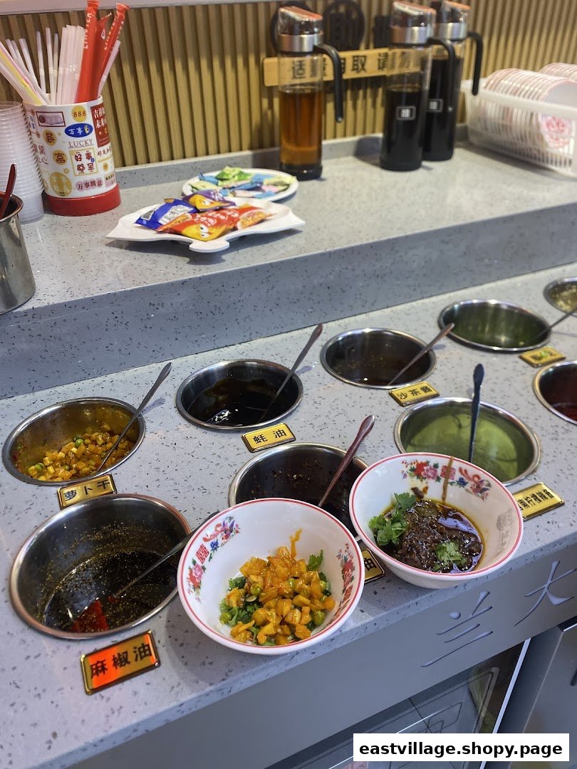 A self-service condiment bar with various sauces and toppings at Lan Da Zui.