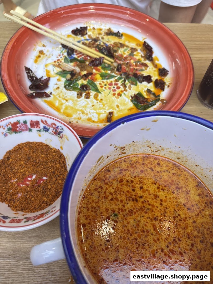 A close-up of a spicy meal with chili powder and soup, showcasing the vibrant flavors.