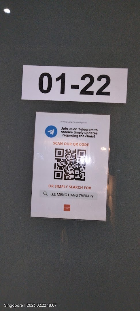 A sign for Lee Meng Liang Therapy with unit number 01-22 and a QR code for updates.