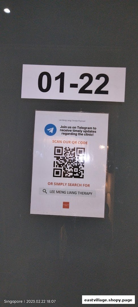 A sign for Lee Meng Liang Therapy with unit number 01-22 and a QR code for updates.