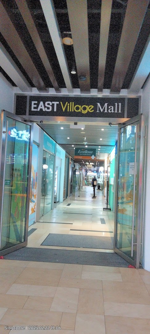 An inviting view of the East Village Mall entrance leading into a bright shopping corridor.